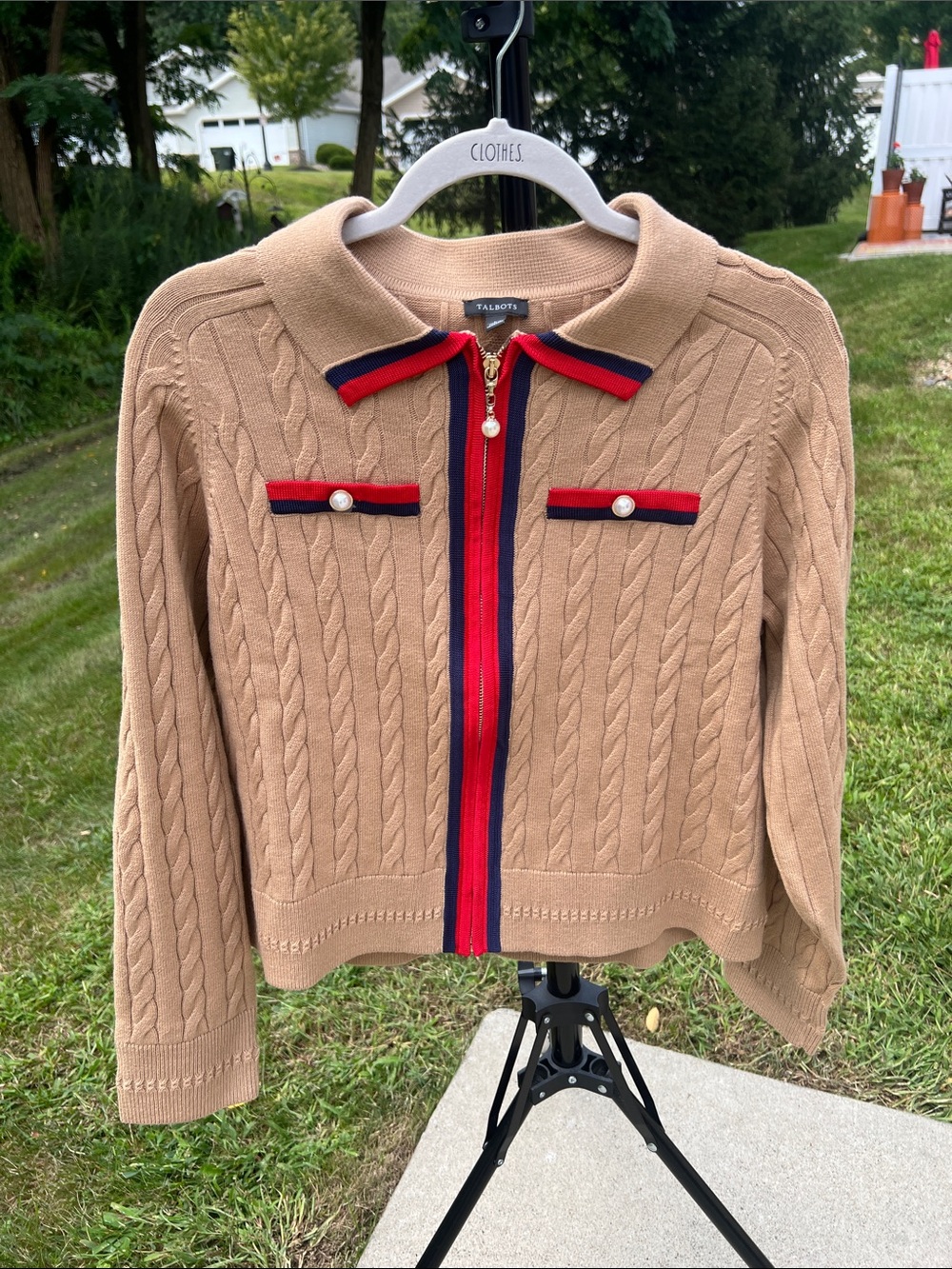 Talbots Camel Cable Knit Full Zip Cardigan Red Navy Stripe Pearl Button Sweater